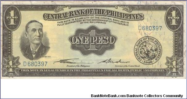 PI-133a Central Bank of the Philippines English Series 1 Peso note with GENUINE underprint, Prefix D. Banknote