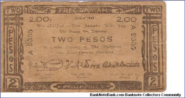 S-1097 Rare Philippines Free Samar 2 Pesos note. Banknote