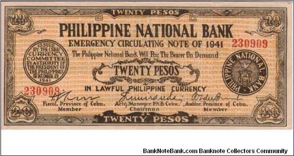 S-218 Philippine National Bank of Cebu 20 Pesos note. Banknote