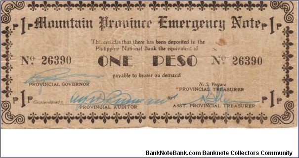 S-595b Mountain Province Emergency 1 Peso note, first line longer than second. Banknote