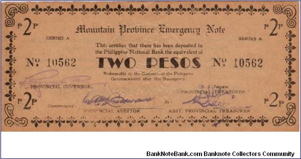 S-596a Mountain Province Emergency 2 Peso note, unlisted serial number. Banknote