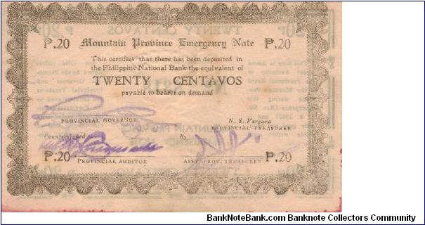 S-593 Mountain Province Emergency 20 centavos note. Banknote