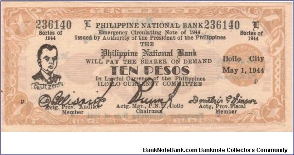 S-342 Philippine National Bank of Iloilo 10 Pesos note. Banknote