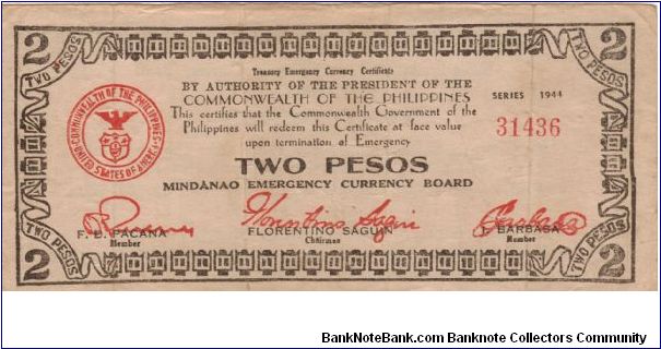 S-524 Mindanao Emergency Currency 2 Pesos note. Banknote