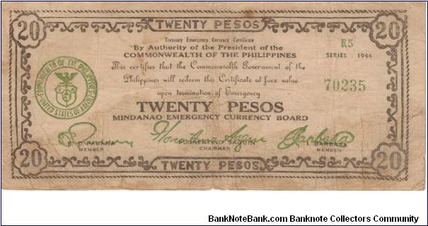 S-528c Mindanao Emergency Currency 20 Pesos note. Banknote