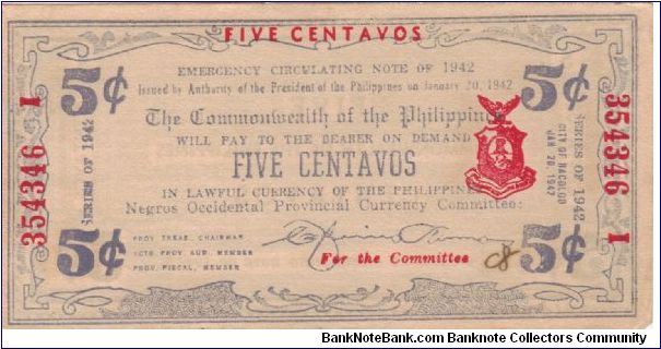 S-641 Negros Occidental 5 Centavos note with Ramos Signature. Banknote