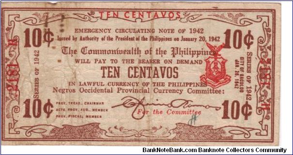 S-643b Negros Occidental 10 Centavos note with Ramos signature. Banknote