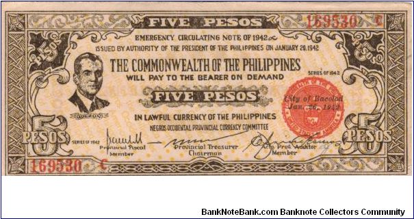 S-648a Negros Occidental 5 Pesos note on bond paper. Banknote