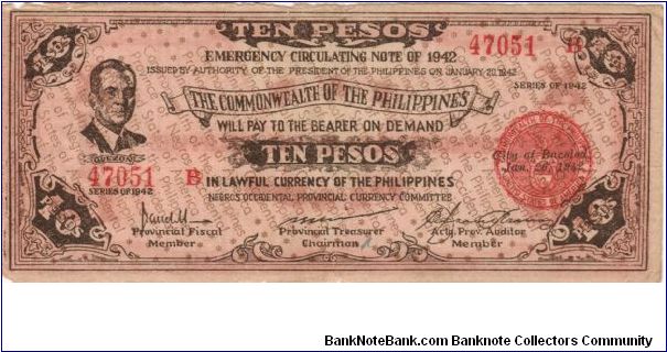S-649a Negros Occidental 10 Pesos note on bond paper and with pesos on reverse facing in. Banknote