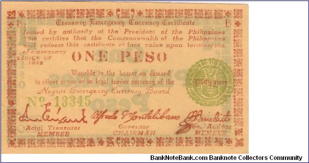 S-661a Negros Emergency Currency 1 Peso note, plate B1. Banknote