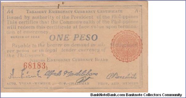 S-668a Negros Emergency Currency 1 Peso note, plate A4. Banknote