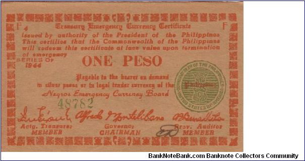 S-672 Negros Emergency Currency 1 Peso note, plate F4. Banknote