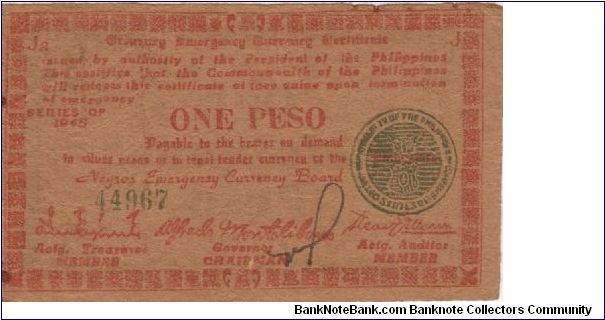 S-681 Negros Emergency Currency 1 Peso note, plate J2. Banknote