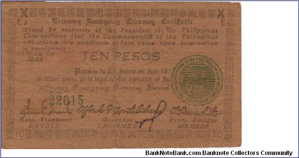 S-676a Negros Emergency Currency 10 Pesos note, plate E1. Banknote