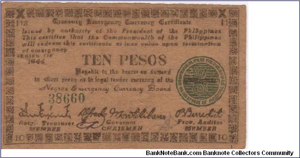 S-677a Negros Emergency Currency 10 Pesos note, plate H2. Banknote