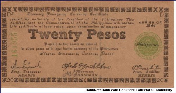 S-680a Negros Emergency Currency 20 Pesos note, plate D2. Banknote