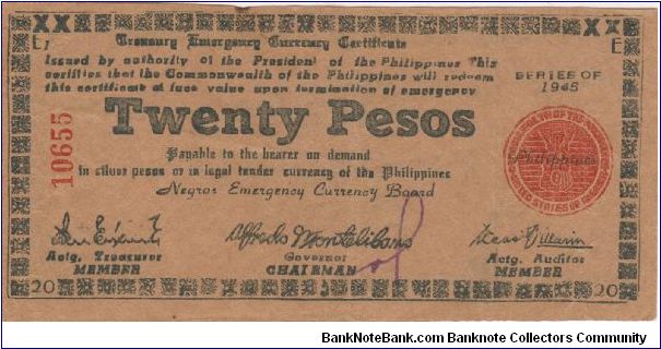 S-684 Negros Emergency Currency 20 Pesos note, plate E1. Banknote