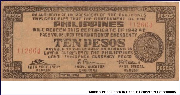 S-137e Bohol Emergency Currency 10 Pesos note. Banknote