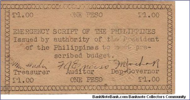 S-124 Emergency Script of the Philippines 1 Peso note. Banknote