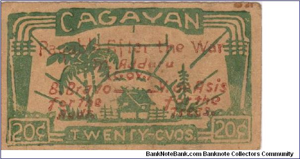 S-182 Cagayan 20 centavos note with red text and serial number on reverse. Banknote