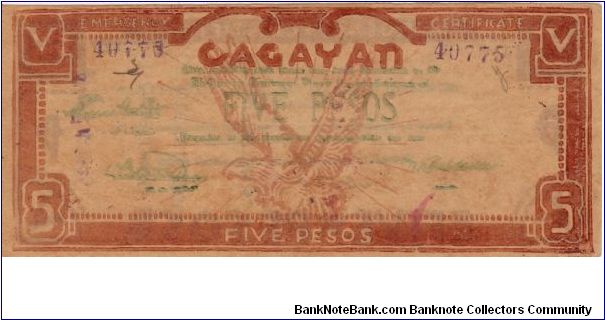 S-191b Cagayan 5 Pesos note on Manila paper with green text, counterstamp on reverse. Banknote