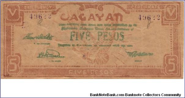 S-192 Cagayan 5 Pesos note with counterstamp on reverse. Banknote