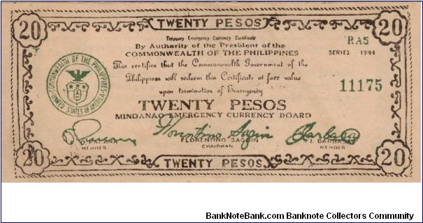 S-528d Mindanao Emergency Currency 20 Pesos note with unlisted rotated reverse. Banknote