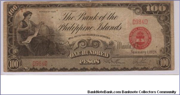 RARE Bank of the Philippine Islands 100 Peso note. Banknote
