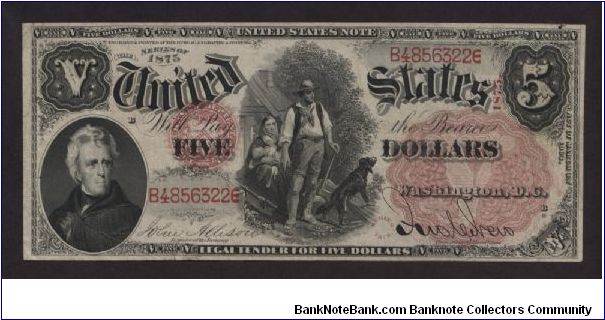 A rather scarce Fr. 65 series 1875 $5 legal tender note, with the the Allison - New signature combination.  Now graded VF 25 by PMG. Banknote