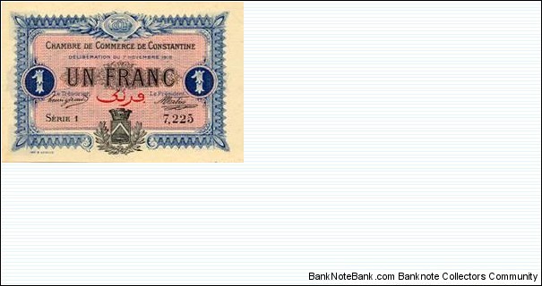 ALGERIA, Town of CONSTANTINE, 1 Franc FRANC CONSTANTINE 1916 Banknote