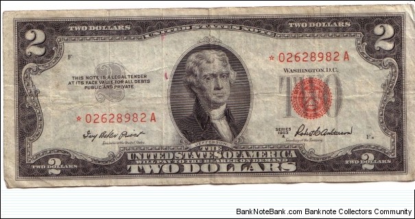 2 Dollar, RED seal Star bill Banknote