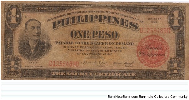 PI-81 Philippine 1 Peso note. Banknote