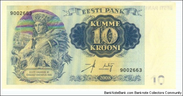 10 krooni commemorative 90th anniversary of indepence. Issued in a folder with 1 krooni commemorative coin. Banknote