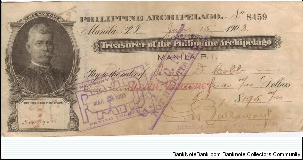 RARE Treasurer of the Philippines Gen Lawton check. Banknote