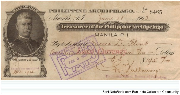 RARE Treasurer of the Philippines Gen. Lawton check. Banknote