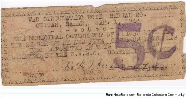 SMR-351 Guiuan, Samar 5 centavos note. Banknote