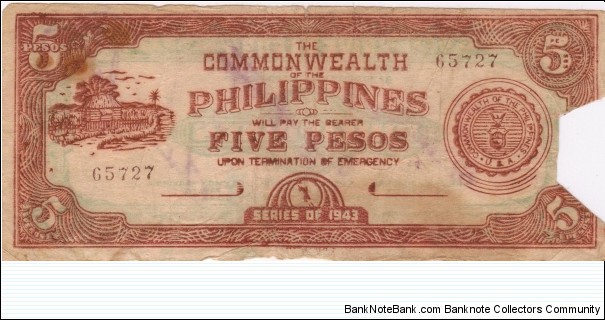 S-408 RARE Leyte Commonwealth of the Philippines 5 Pesos note. Banknote