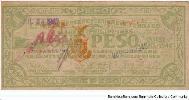 S-394 RARE Leyte Emergency Currency Board 1 Peso note. Banknote
