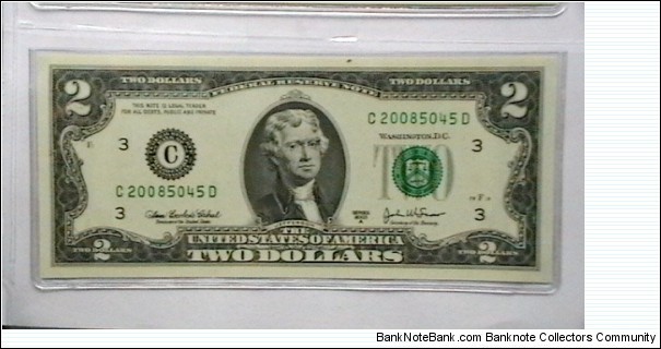 US 2 Dollar collectors note district C 2003 series A, The serial number starts with the year that it was printed Banknote