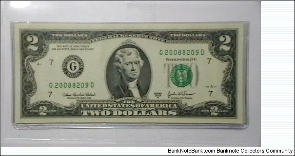 US 2 Dollar collectors note district G 2003 series A, The serial number starts with the year that it was printed Banknote