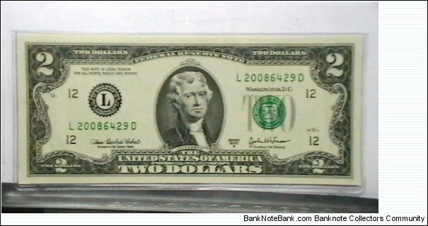 US 2 Dollar collectors note district L 2003 series A, The serial number starts with the year that it was printed Banknote