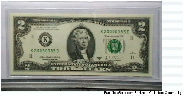 US 2 Dollar collectors note district K 2003 series A, The serial number starts with the year that it was printed Banknote