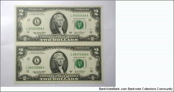 US 2 dollar note, district L 2003 series A, 2 piece un-cut sheet Banknote