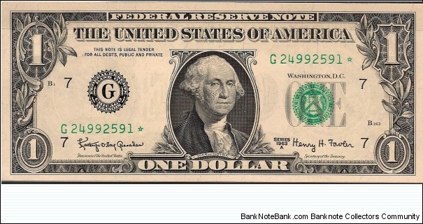 $1 FRN Series 1963A S/N G24992591* Banknote