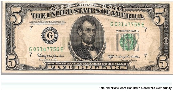 $5 FRN Series 1950D S/N G03147756E Graded PCGS 65PPQ Banknote