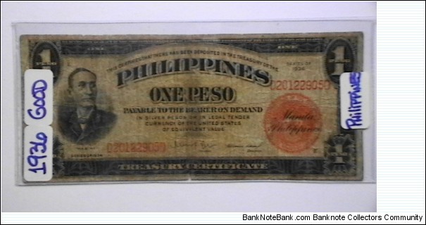 Philippines 1936 1 Peso KP# 81  Banknote