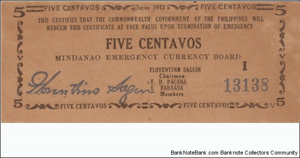 S-481b Mindanao Emergency Currency Board 5 Centavos note. Banknote