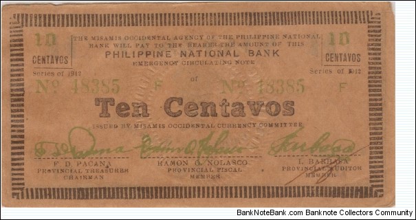 S-573 RARE Misamis Occidential 10 Centavos onte with inverted reverse. Banknote