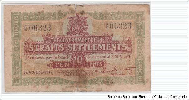 Straits settlement 10 Cents Ag. treasury Banknote