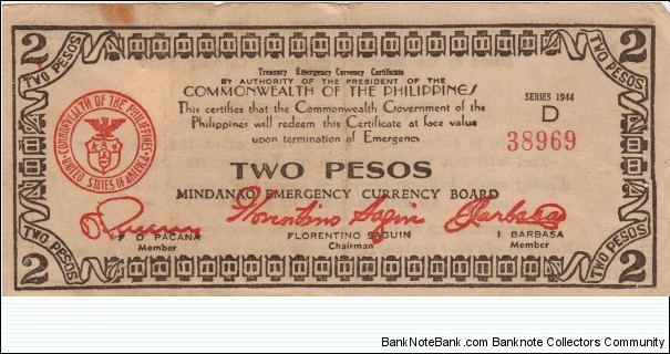 S-516a Mindanao 2 Pesos note. Banknote